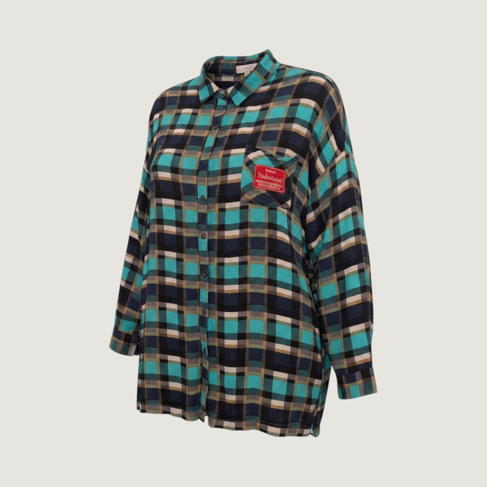 Plus Size Umgee USA Plus Teal Navy Plaid Roll Tab Sleeve Button Down Shirt 1XL